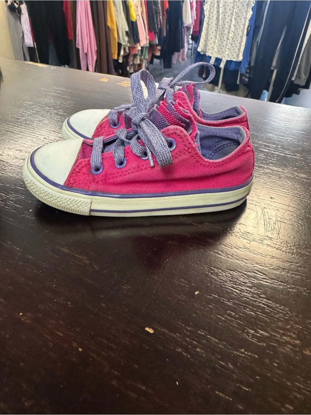 Converse Kids Low-Top Canvas Sneakers in Bright Pink with Purple Laces